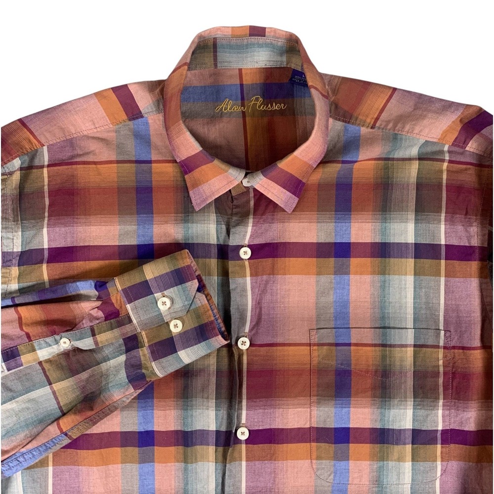 Alan Flusser Button Down Shirt Mens Large Multi Plaid Long Sleeve Cotton